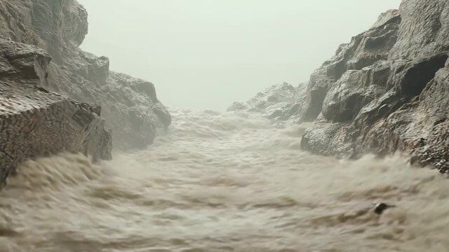 Raging muddy river torrents flood a deep rocky canyon, mist rising from destructive, powerful currentsdramatic scene of extreme weather, erosion, and natural disaster