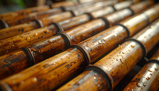 Close up of bamboo poles with water droplets highlighting texture
