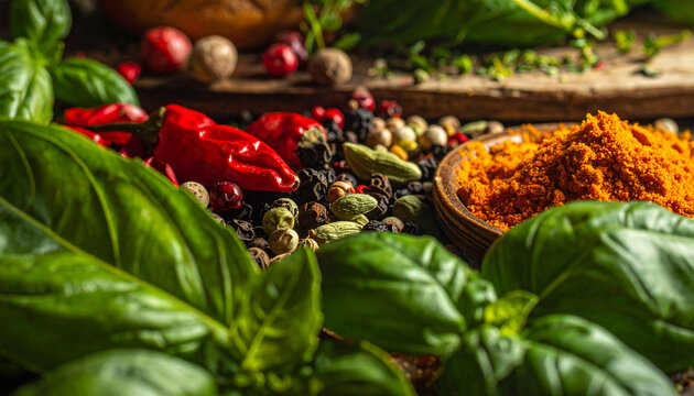 Close up of fresh herbs spices and ingredients for cooking and culinary arts
