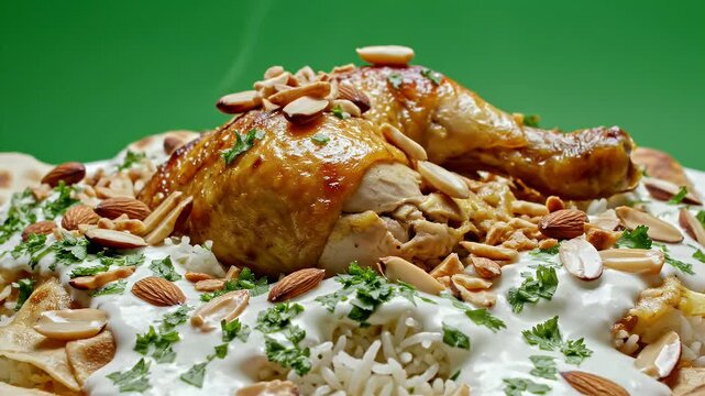 Close Up Of Traditional Mansaf Chicken Dish With Rice Yogurt Sauce And Toasted Almonds Decorated With Parsley Isolated On Green Screen