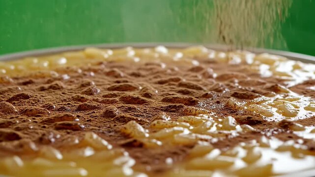 Close up of warm Portuguese Arroz Doce rice pudding dessert dusted with cinnamon served in a white bowl with steam rising against a vibrant green blurred background cinematic food photography