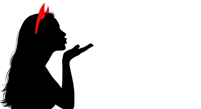 Silhouette of a Woman in Profile Blowing a Kiss While Wearing a Bright Red Devil Horn Headband