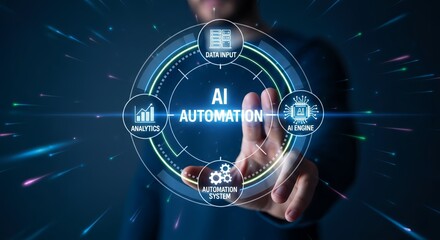 Obraz premium A person interacting with a futuristic AI automation interface in a dark background