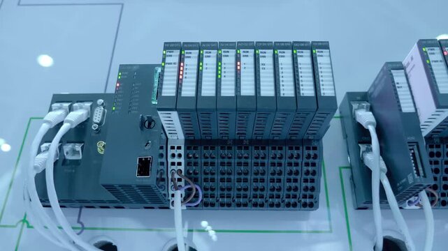 Telecommunications equipment with Internet traffic controllers with multiple wires and flashing indicators. Closeup. Shot in motion