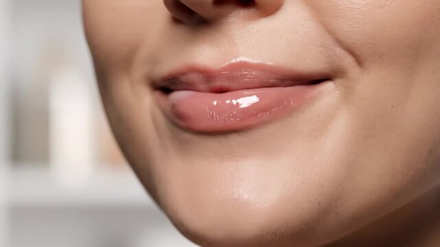 Close-up of a person applying glossy lip product with a wand applicator for a smooth finish