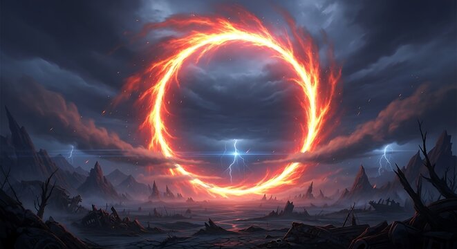 Fiery energy ring pulsates above desolate, storm-swept apocalyptic landscape, lit by lightning under dark, foreboding sky, depicting immense cosmic power