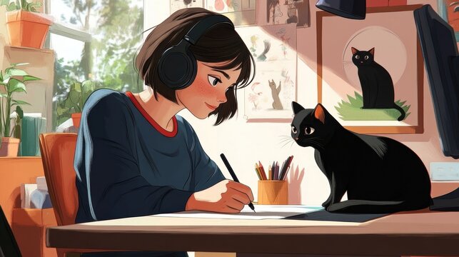 Anime woman headphones cat drawing.