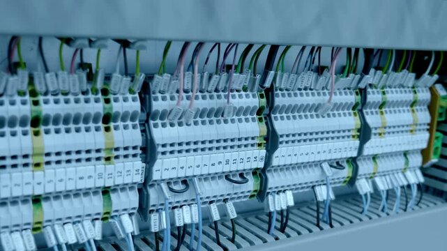 Rows of numbered white terminals with multi-colored wires in an electrical panel. Closeup. Shot in motion