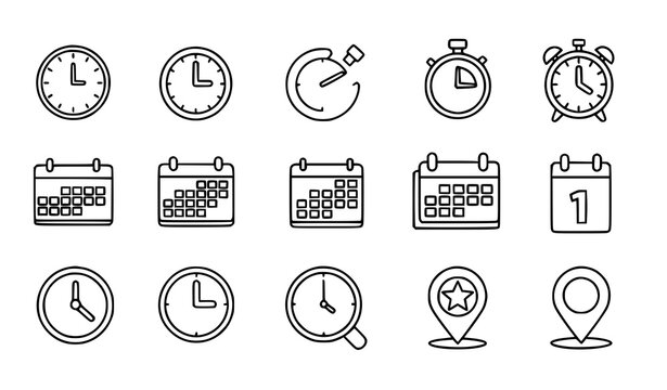 A set of minimalist line art icons representing various time and date symbols, including clocks, calendars, and location markers.
