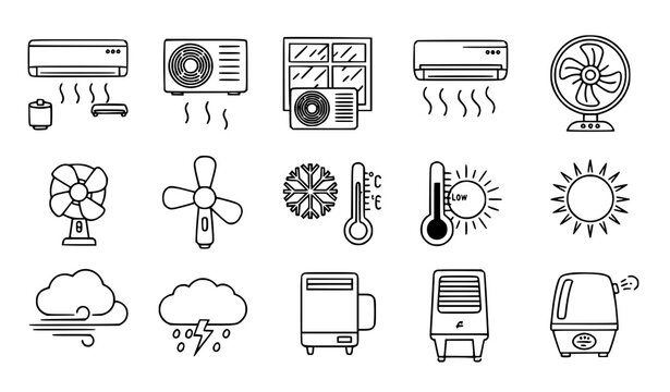 A set of vector graphic icons depicting various air conditioning and weather symbols