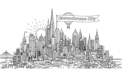 Naklejka premium A black and white vector illustration of a city skyline with a hot air balloon and a banner reading Monochrome City