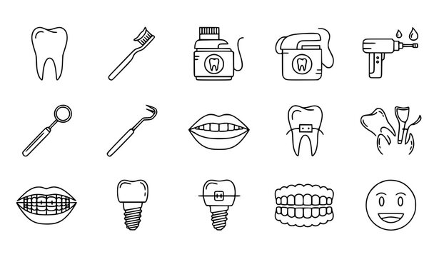 A set of dental icons including teeth, toothbrushes, and dental tools in a flat, minimalist design style.