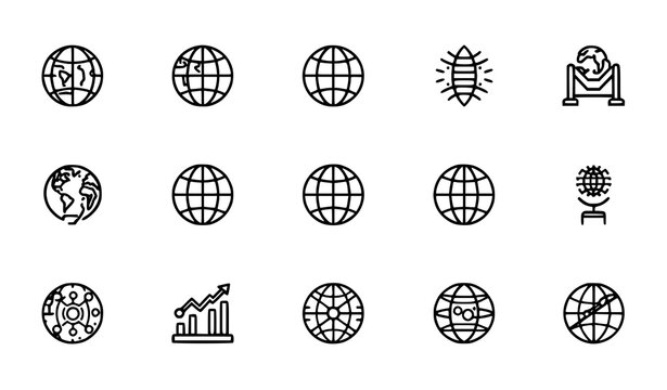A set of black and white vector icons depicting various global and business concepts