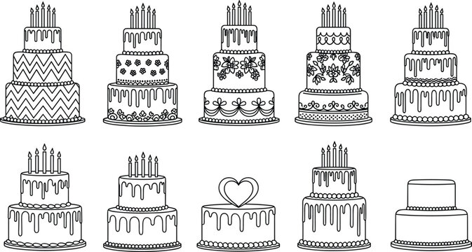 Set of birthday cake silhouettes, tiered celebration cakes with candles, floral patterns, heart topper, and dripping icing vector illustrations for Adobe Stock.