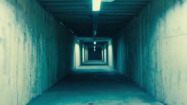 Darkening concrete tunnel with overhead pipes and a series of diminishing lights creating a sense of journey, mystery, and an unknown destination in an underground space