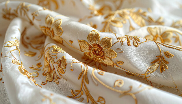 Elegant white fabric with gold floral embroidery detail close up