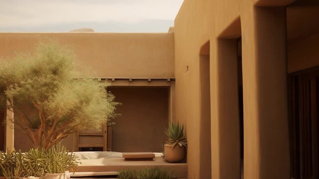 Minimalist adobe courtyard featuring a vibrant green desert tree and potted succulents, bathed in warm sunlight and casting shadows, creating a serene and peaceful outdoor space