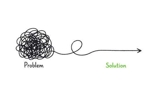 Problem solution concept. Messy tangled scribble simplifying process. Crayon textured continuous one line from complicated chaos to easy simple. Vector illustration