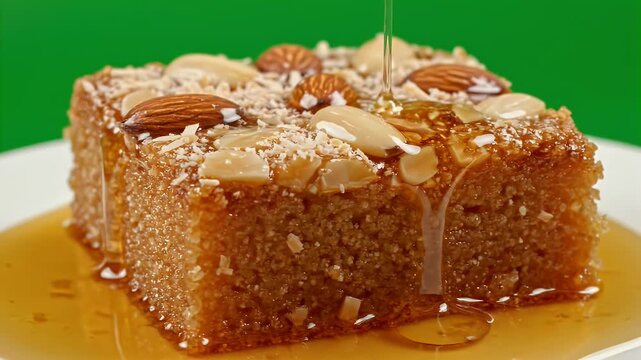 Delicious Egyptian Basbousa Dessert With Almonds and Honey Syrup Drizzled in Slow Motion Over Green Screen Background Macro Shot