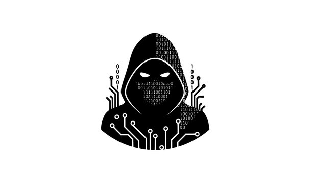 Abstract hacker icon with hooded silhouette and digital cyber elements representing online threat concept