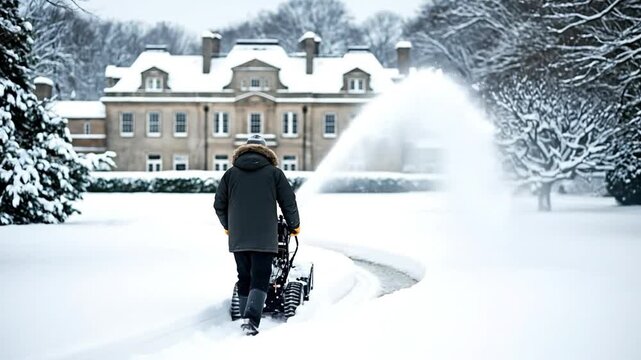 Professional Estate Groundskeeper Clearing Deep Snow with Heavy Duty Blower