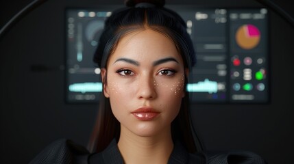 Fototapeta premium Close-up Portrait of a Woman with Sparkling Skin in a Modern Digital Workspace Environment