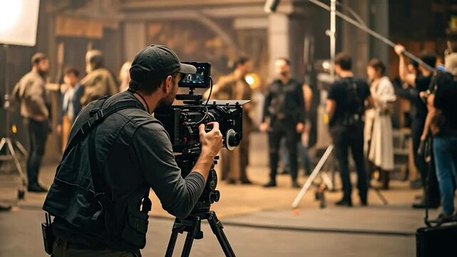 Male cameraman operating professional cinema camera on a period drama film production set