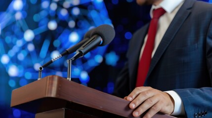 Obraz premium Professional Speaker at Conference with Microphone, Engaging Audience in Business Presentation Setting