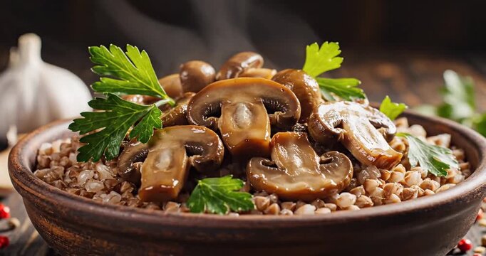 A close-up of saut?ed mushrooms on a bed of grains, garnished with parsley and garlic in the background