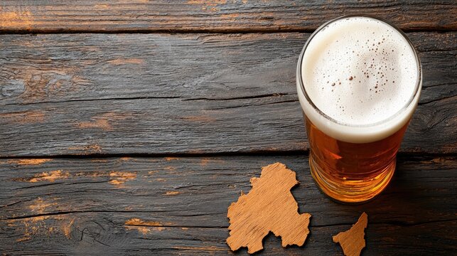 A refreshing golden beer with a frothy head sits on a rustic dark wooden surface with specks of light and a small cutout map of Portugal nearby suggesting a national beverage