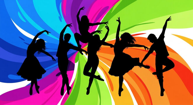 Silhouettes of six people dancing on a vibrant rainbow background with swirling colors and dynamic movements