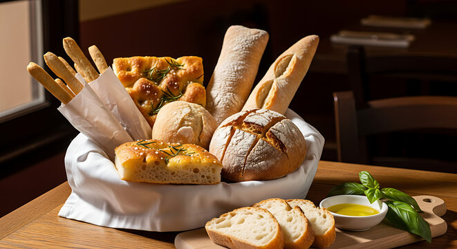 A rustic basket filled with an assortment of freshly baked breads, including baguettes, focaccia, and rolls, served with olive oil and basil.