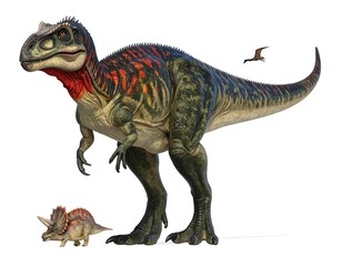 Naklejka premium A large dinosaur with two smaller dinosaurs