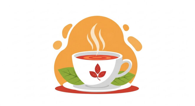 Steaming hot tea cup with red leaves on a saucer surrounded by green leaves and orange abstract shapes