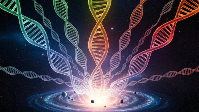宇宙空間とDNAと染色体のイメージ