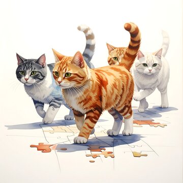 Three cats walking on a puzzle