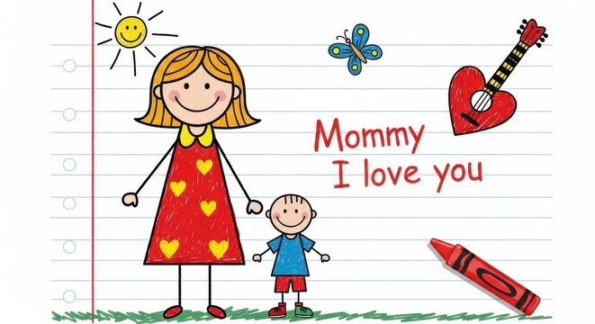 Cartoon illustration of a mother and child with love message on lined paper background