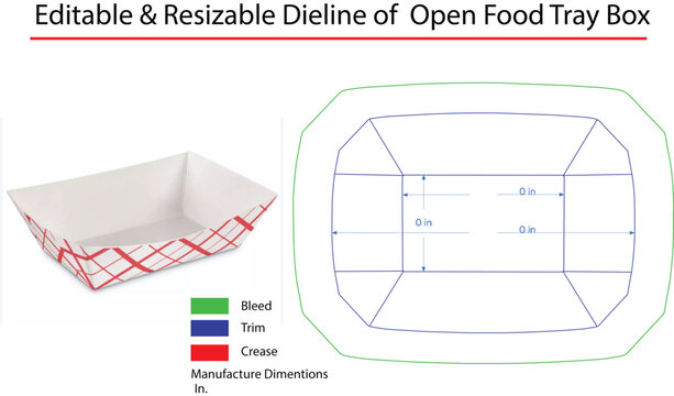 Dieline template of open paper food tray with red plaid pattern