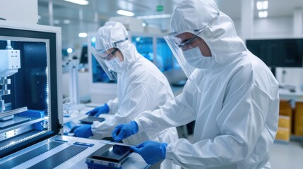 Fototapeta premium Scientists in Protective Gear Conducting Research in Cleanroom Laboratory Environment with High-Tech Equipment and Tools