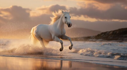 Fototapeta premium A majestic white horse galloping along a scenic beach at sunset, capturing the essence of freedom and beauty.