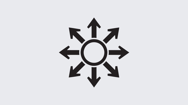 A bold black icon featuring a central circle with eight arrows radiating outwards in all directions, representing expansion, dispersion, or a multitude of possibilities.