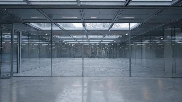 Empty interior of a modern office space featuring glass walls and partitions, concrete flooring, and ceiling lights, creating a clean, minimalist, and cold architectural environment