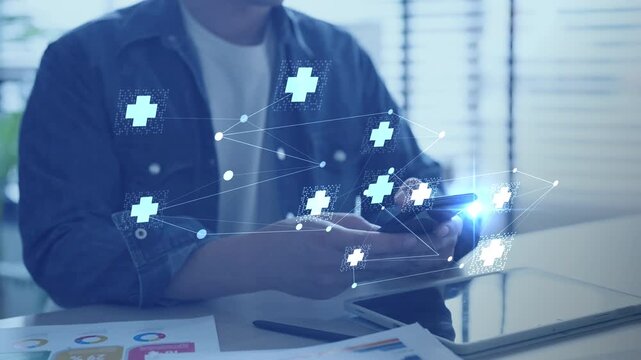 Health insurance and medical healthcare. Medical business life protection plan, digital hospital technology, medicine, patient checkup service, global science innovation, and smart wellness system.