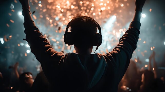 A person enjoying music at a vibrant concert, surrounded by fireworks and energetic atmosphere.