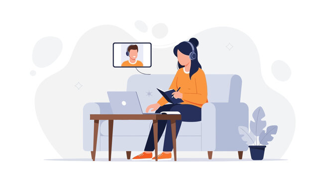 Woman working from home on laptop, video call with colleague, online learning, remote work concept