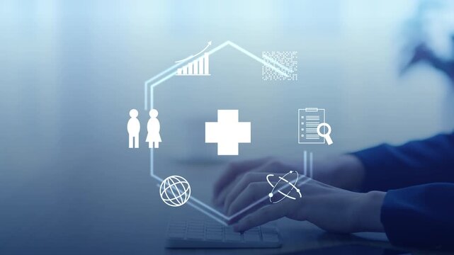 Health insurance and medical healthcare. Medical business life protection plan, digital hospital technology, medicine, patient checkup service, global science innovation, and smart wellness system.