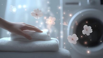 Fototapeta premium A serene moment capturing freshly folded towels with soft petals and gentle light, perfect for wellness themes.