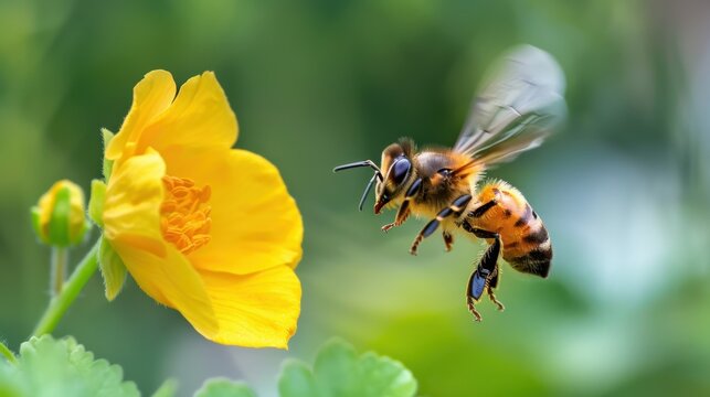 Close-Up of a Honey Bee Flying Towards a Bright Yellow Flower in a Lush Garden Environment