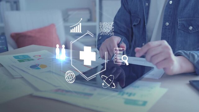 Health insurance and medical healthcare. Medical business life protection plan, digital hospital technology, medicine, patient checkup service, global science innovation, and smart wellness system.