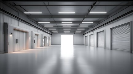 Obraz premium A spacious, modern industrial hall with large overhead doors and bright, minimalist design, perfect for various uses.